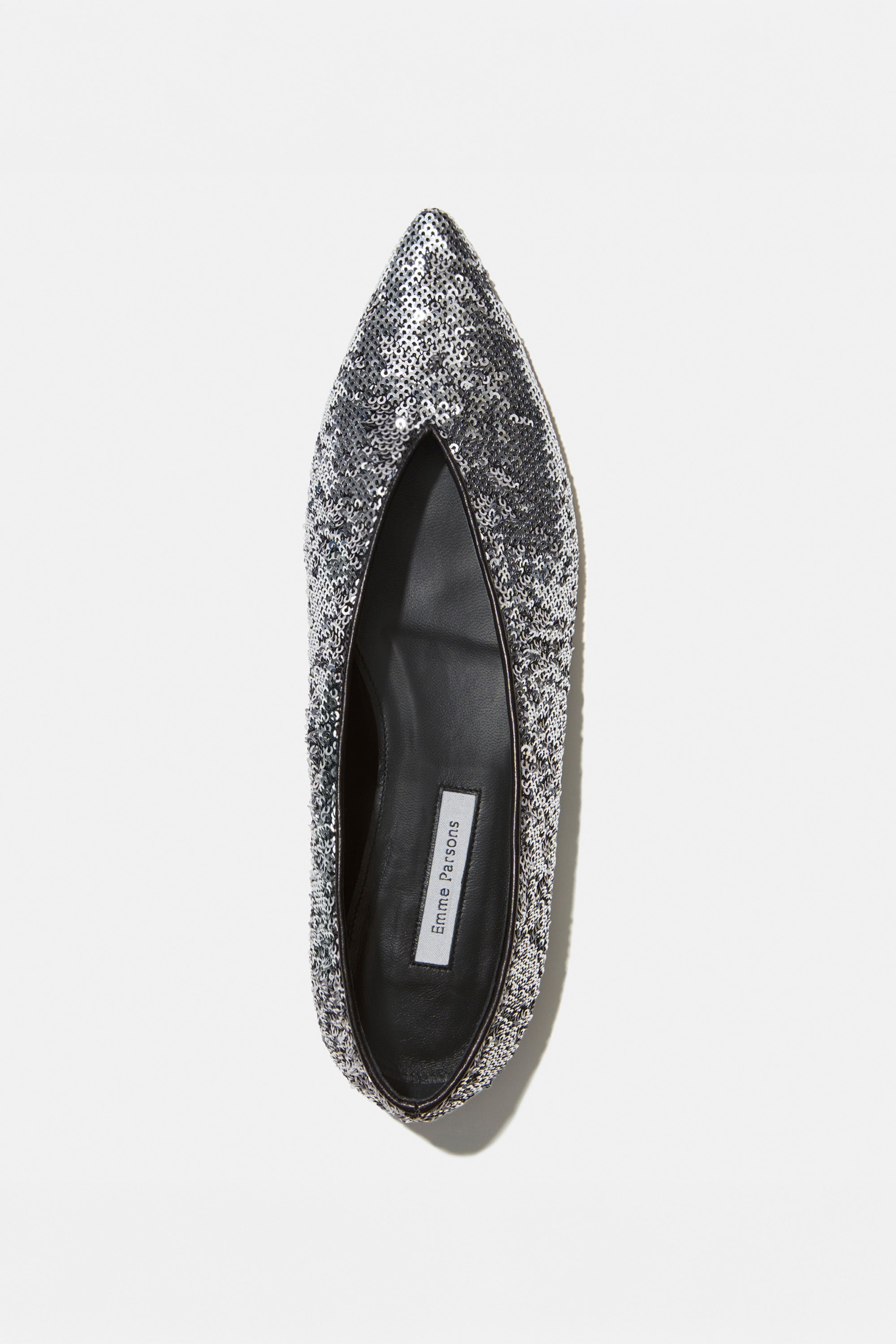 Pointy V-Flat in Silver Matte Paillettes — ARCHIVE SAMPLE; FINAL SALE
